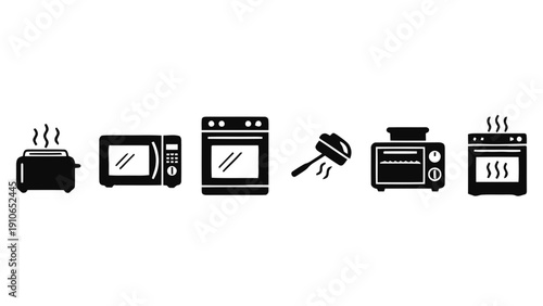 Vector illustration of collection of kitchen appliance icons toaster, microwave, oven, mixer, toaster oven, and stove on a transparent background