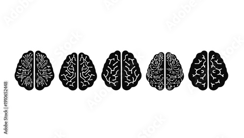 Vector illustration of set of five different brain top view icons or symbols in black silhouette style on a transparent background