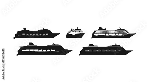 Vector illustration of set of five cruise ship silhouettes and icons for maritime travel and vacation design elements on a transparent background