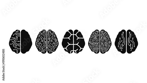 Vector illustration of set of five stylized icons representing the human brain, showing different levels of complexity and integration with technology or circuits, on a transparent background