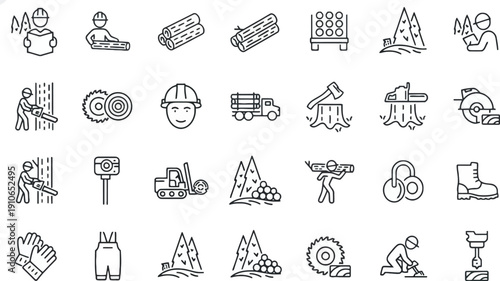 Collection of outline icons for the lumber industry, featuring workers, tools, logs, trucks, and safety equipment.