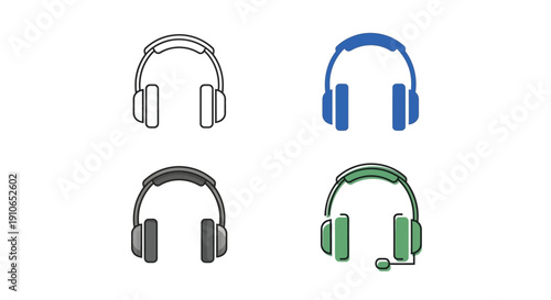 Four headphone icons in varying colors and styles are displayed