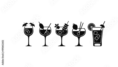 Vector illustration of set of five black silhouette cocktail glasses with garnishes, on a transparent background