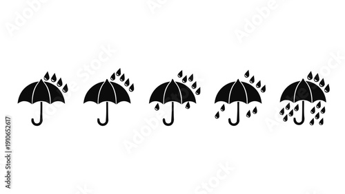 Vector illustration of set of five black umbrella icons with rain drops in progression, on a transparent background