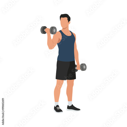 Man doing dumbbell bicep curl, clean gym vector illustration, flat style, isolated on white background