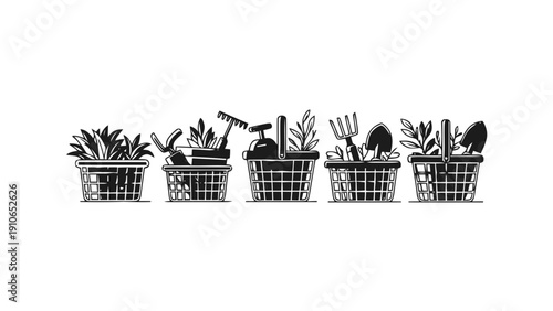 Vector illustration of collection of gardening tools and plants in baskets, black and white illustration on a transparent background