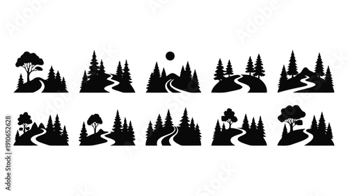 Vector illustration of set of ten black silhouette icons representing forest landscapes with winding roads and trees, perfect for nature and travel design elements on a transparent background