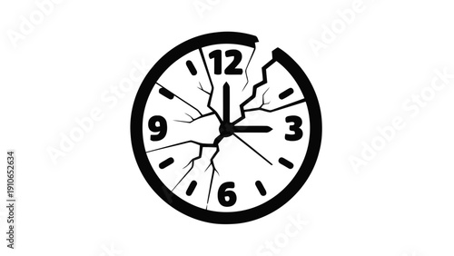 Vector illustration of broken clock icon showing time at three oclock with cracked face on a transparent background