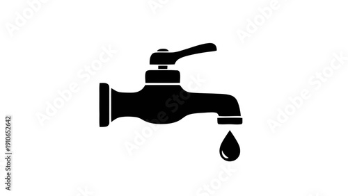 Vector illustration of black silhouette icon of a dripping water faucet or tap, simple vector graphic on a transparent background