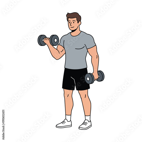 Man doing dumbbell bicep curl, clean gym vector illustration, flat style, isolated on white background