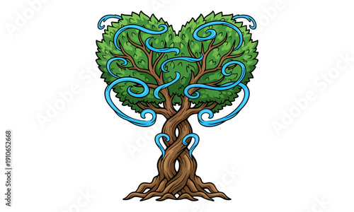Heart Shaped Tree of Life Illustration with Magical Blue Swirls