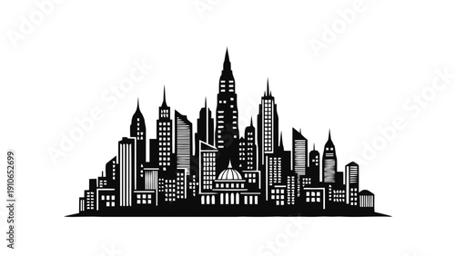 Vector illustration of black and white silhouette skyline of a modern city with skyscrapers and a central dome building, on a transparent background