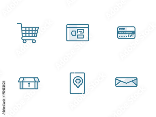 Modern e-commerce and online shopping vector icon collection, featuring digital transactions, secure payments, product delivery, and customer communication essentials for web and mobile interfaces