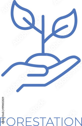 Simple blue line icon representing a hand holding a seedling for forestation and growth concept