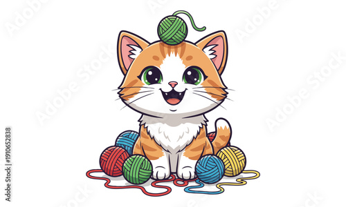Ginger Tabby Kitten Sitting with Colorful Yarn Balls Cartoon Illustration