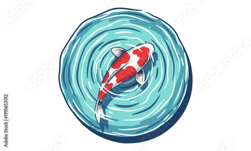 Red and White Koi Fish Swimming in Circle of Blue Water Ripples