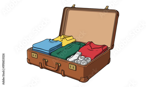 Open Suitcase Packed with Folded Clothes Isolated on White