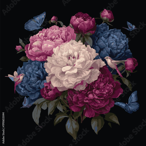 Create a different kinds of Luxurious decoration. Garland of luxurious blooming peonies, butterflies and birds on transparent background