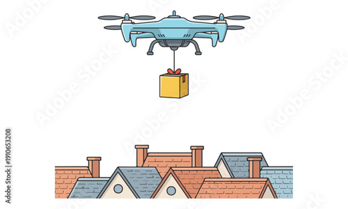 Drone Package Delivery service flying over town house roofs illustration