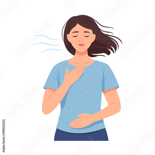 Calm woman doing breathing exercise. Mindfulness, relaxation, mental health and self-care concept. Flat vector illustration