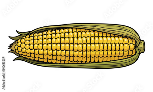 Yellow Ear of Corn Cob Illustration with Green Husk on White