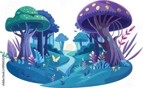 Enchanting fantasy forest at night with glowing mushrooms, unique trees, and whimsical creatures, magical landscape illustration.