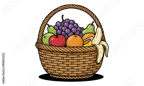 Fruit Basket with Grapes, Apple, Orange, Pears, and Banana Illustration