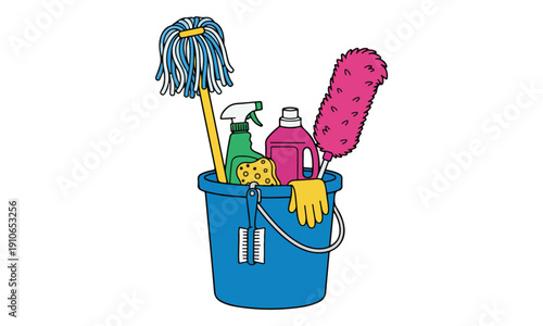 Cleaning Supplies Bucket Illustration with Mop, Duster, and Detergent