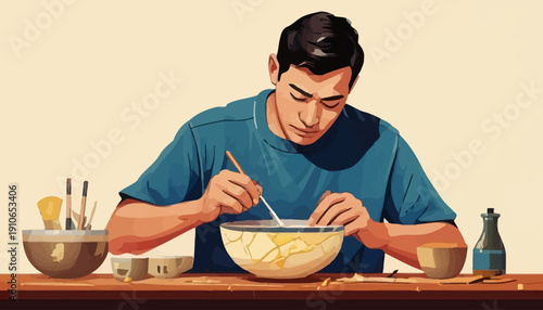 Artist creating flat design illustration of a man painting a ceramic bowl at a wooden table with various art tools around