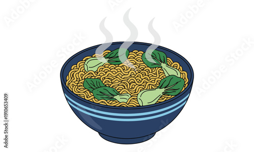 Steaming Hot Ramen Noodles with Bok Choy in a Blue Bowl