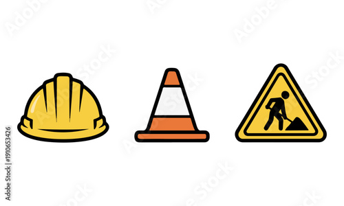 Construction Hard Hat, Traffic Cone, and Road Work Warning Icons.