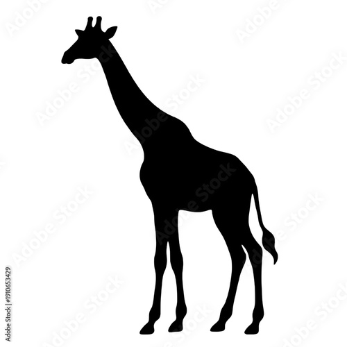 Minimalist black giraffe silhouette standing in profile view for safari wildlife branding isolated on transparent background.
