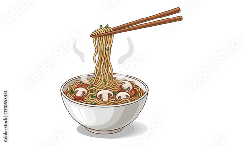 Hot Noodles Bowl Illustration with Chopsticks and Mushroom Toppings