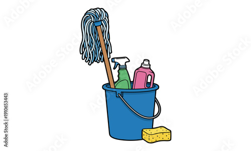 Bucket of Cleaning Supplies: Mop, Spray Bottle, Detergent, and Sponge