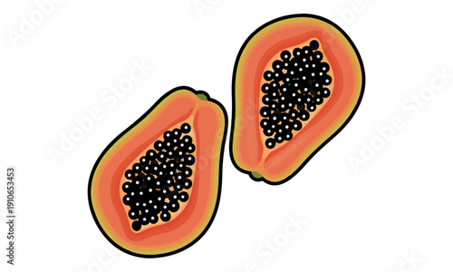 Papaya Fruit Halves Illustration with Black Seeds on White Background