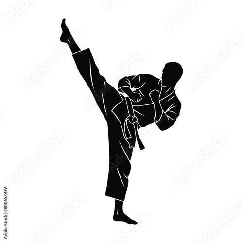 Karate athlete high kick pose, black silhouette vector, sharp edges, martial arts concept, isolated on white background