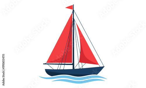 Sailboat with Red Sails Floating on Water, Isolated Vector Icon