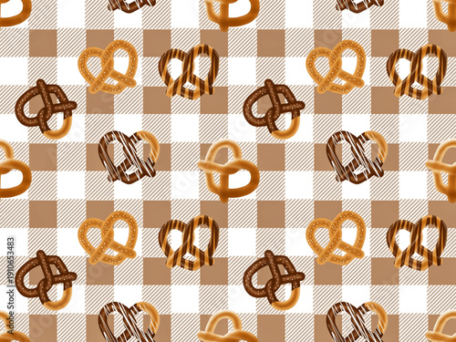 Seamless  pattern pretzel in various variant on gingham background.