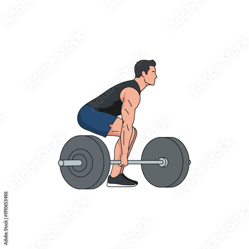 Man doing weightlifting deadlift exercise, flat vector style, fitness illustration, isolated on white background