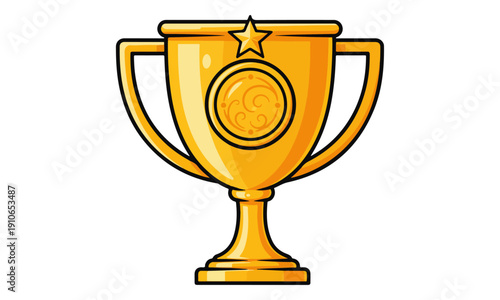 Gold Trophy Cup Cartoon Vector with Star Emblem on White Background