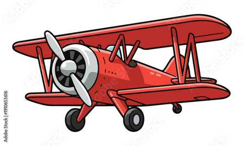 Red Vintage Biplane Cartoon Illustration Isolated on White