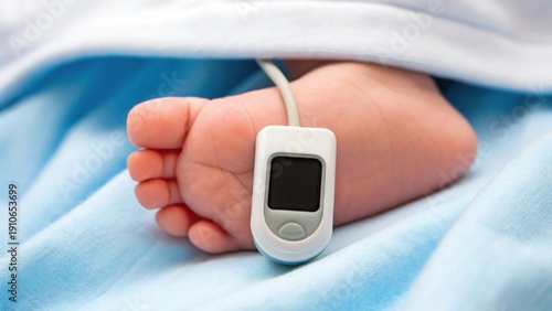 Newborn Baby Foot with Pulse Oximeter Attached in Soft Blanket Setting