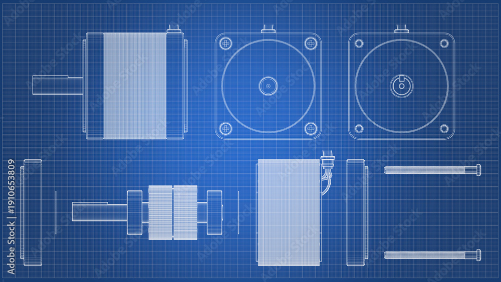 Fototapeta premium AC Servo Motor - Exploded View - technical drawing. 3D rendering isolated on blue background. 3D Mesh, Sketch, Vector style. Ideal for educational, engineering, and industrial design