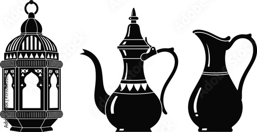 Arabic lantern and traditional coffee pot silhouette set Ramadan culture decorative vector illustration isolated on white background Islamic design