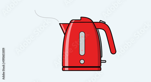 Red electric kettle with steam emission on white background, viewed from the side