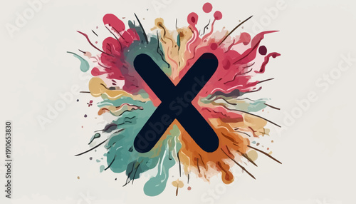A flat design illustration of a bold cross symbol surrounded by vibrant paint splatters in a dynamic abstract composition