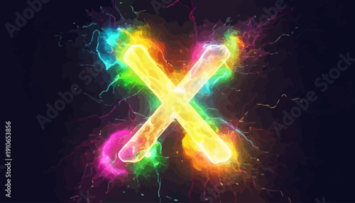 Vibrant neon letter X surrounded by colorful sparks and light trails on a dark background