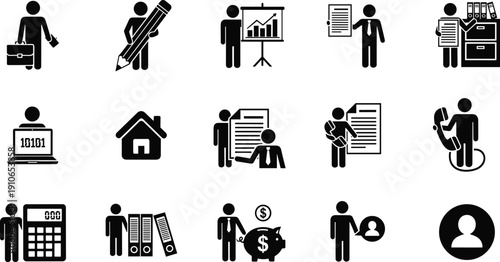 Business and office worker icon set including analytics documents finance home and communication vector illustration isolated on white background