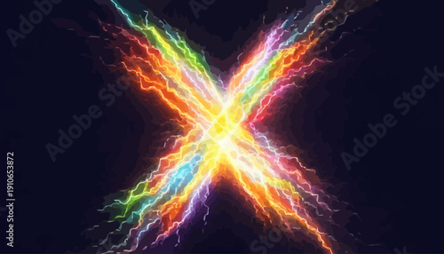 Vibrant lightning burst intersecting with radiant energy beams against a dark background