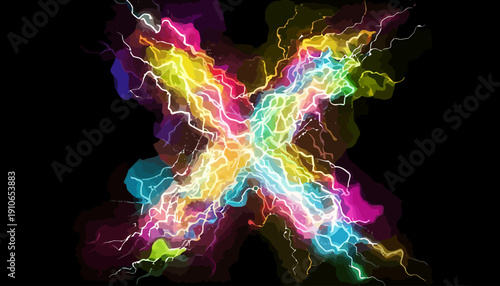 Vibrant neon lights intersecting in a dynamic explosion of colorful energy against a dark background viewed from a straight-on perspective